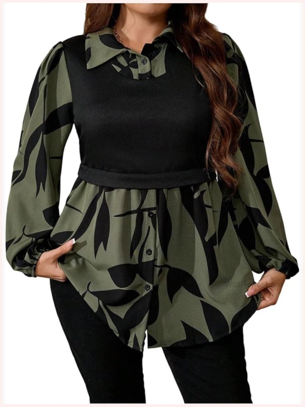 Plus Size Peplum Baby Doll Shirt Long Sleeve Button Down Blouse